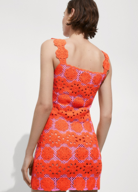 OEM Bold Orange and Pink Crochet Knit Floral Dress - Handmade Sleeveless Summer Dress