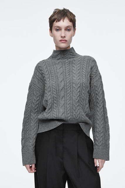 OEM Women’s Classic Gray High-Neck Cable-Knit Sweater