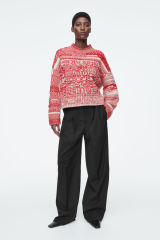 Customizable Women’s Red and White Chunky Knit Patterned Sweater