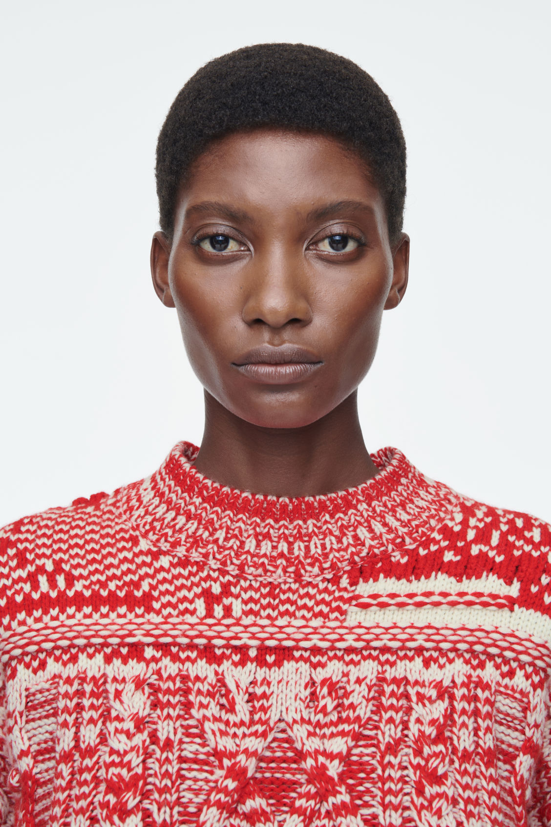 Customizable Women’s Red and White Chunky Knit Patterned Sweater