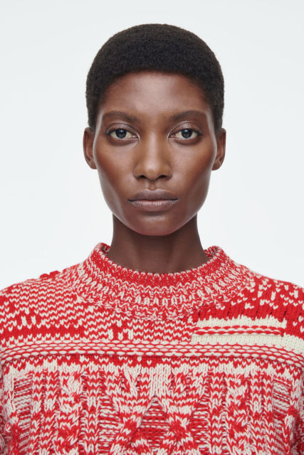 Customizable Women’s Red and White Chunky Knit Patterned Sweater