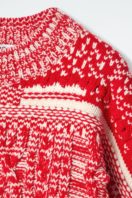 Customizable Women’s Red and White Chunky Knit Patterned Sweater