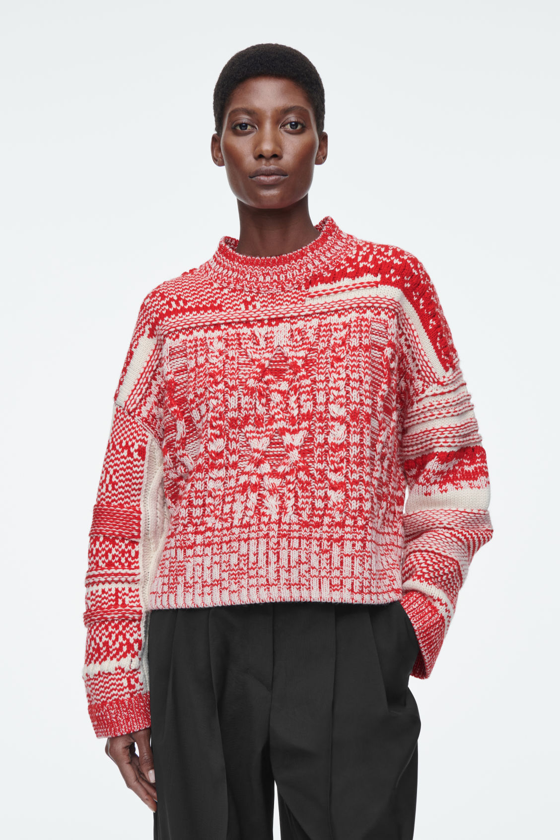 Customizable Women’s Red and White Chunky Knit Patterned Sweater