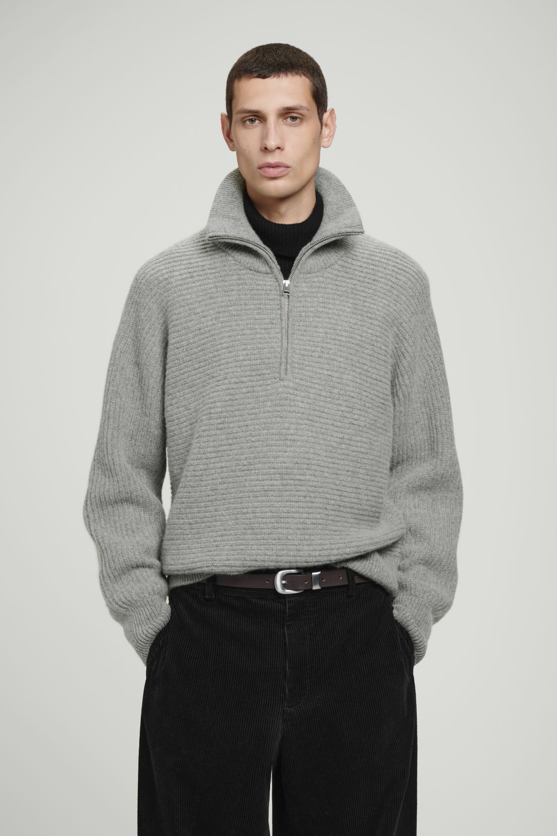 Customizable Men's Ribbed High-Neck Zip-Up Sweater
