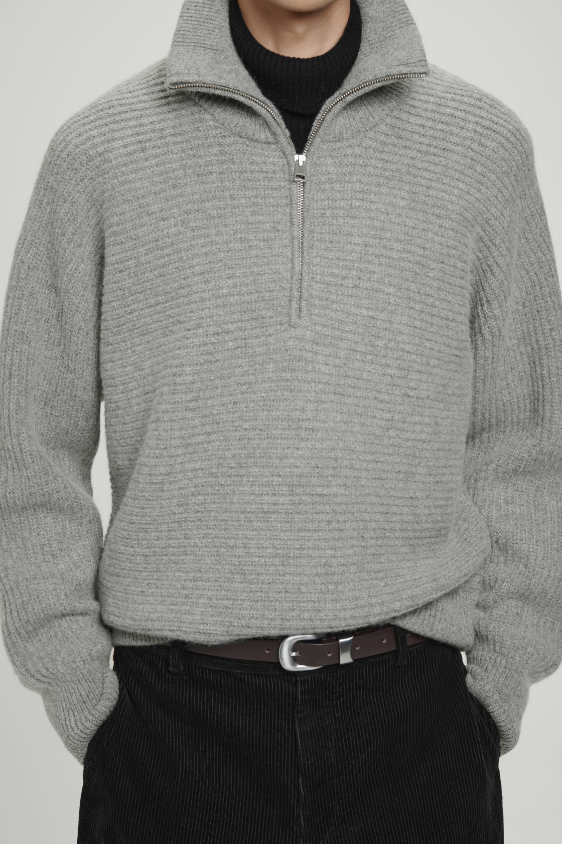 Customizable Men's Ribbed High-Neck Zip-Up Sweater