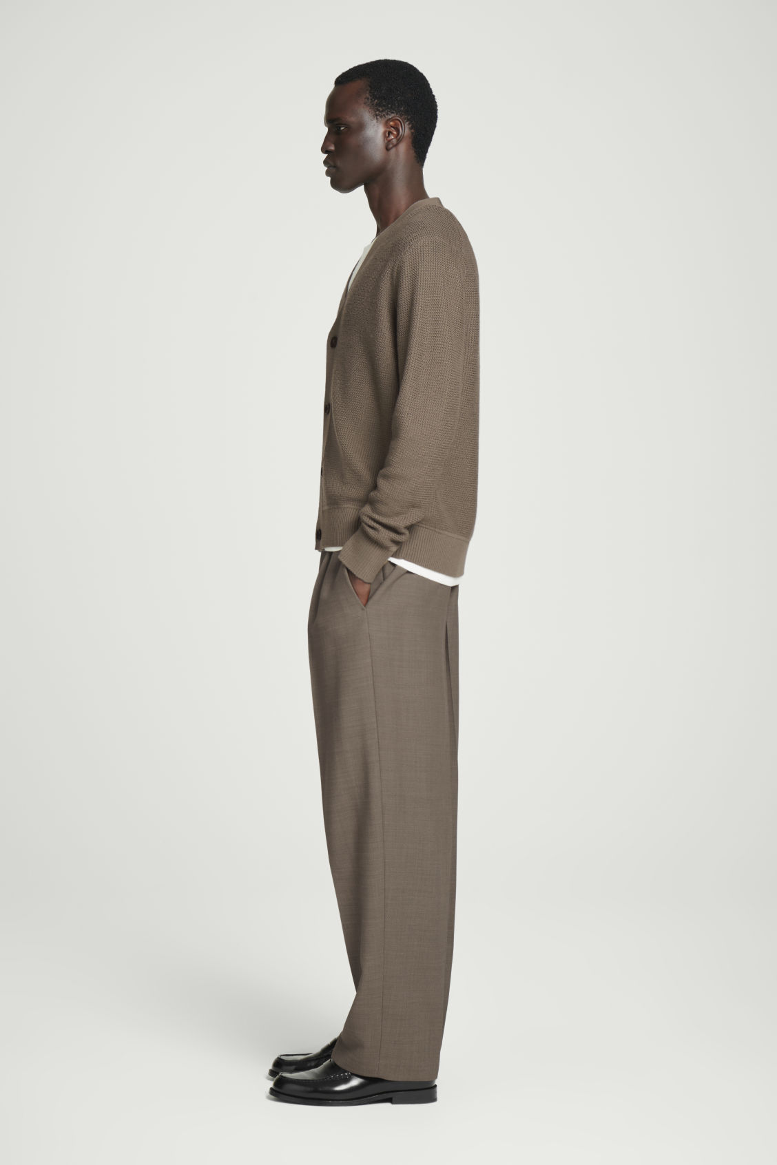 Made-to-Order Men's Textured Knit Cardigan in Taupe