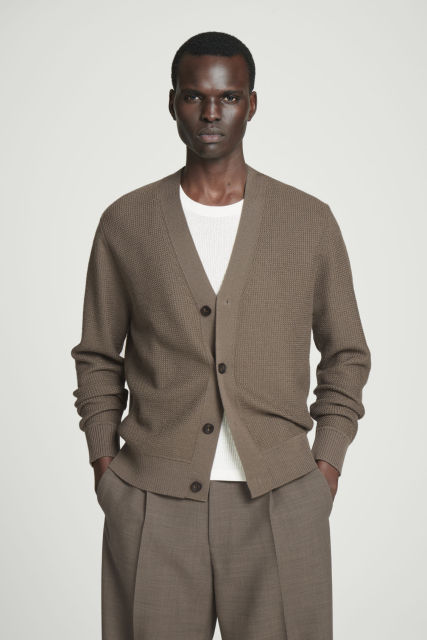 Made-to-Order Men's Textured Knit Cardigan in Taupe