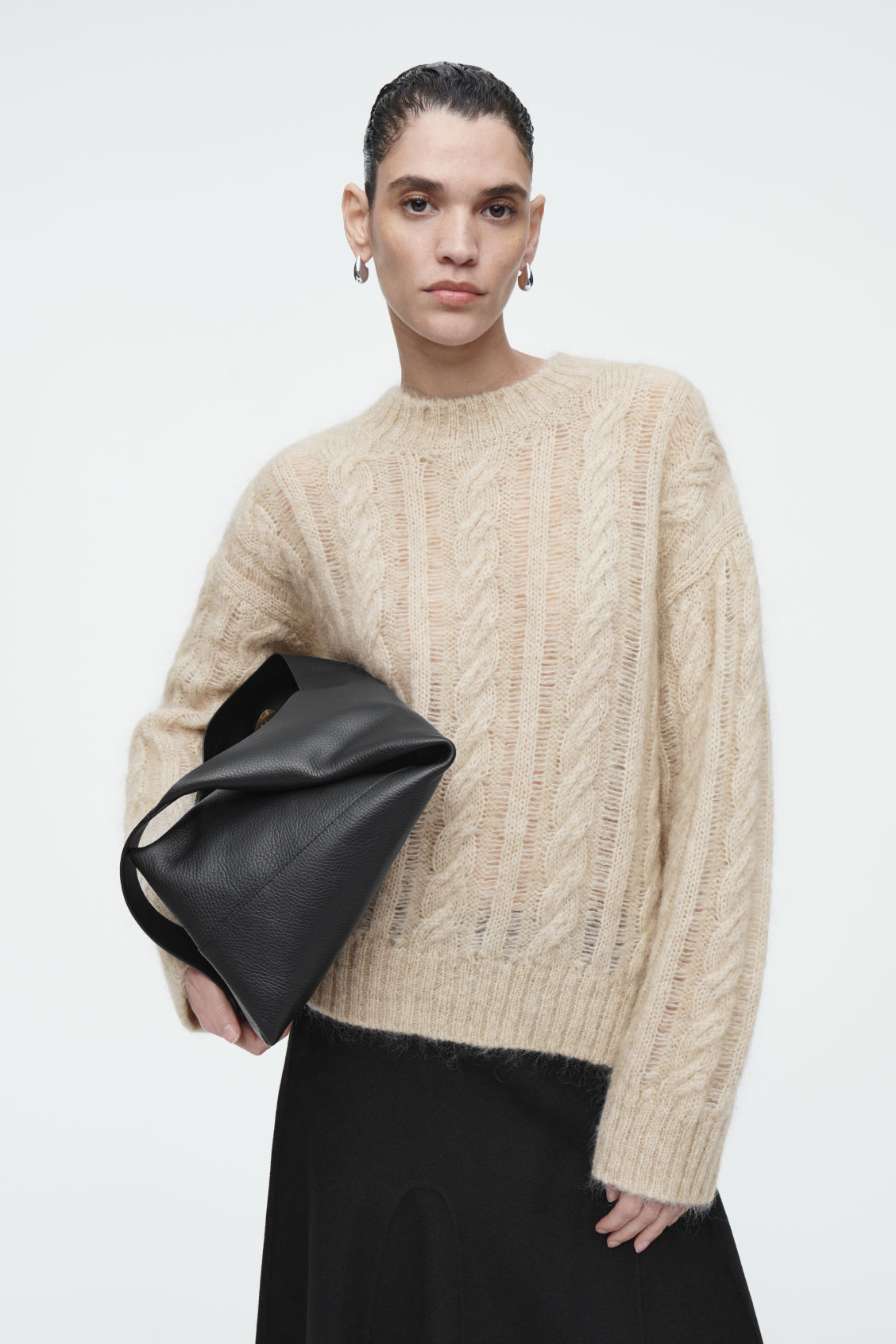 Made-to-Order Women's Sheer Cable Knit Sweater in Soft Beige