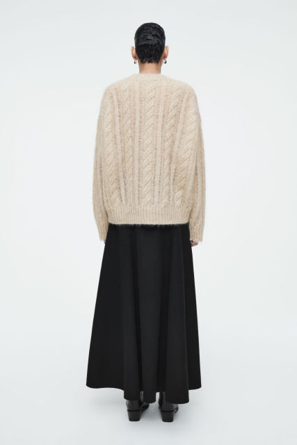 Made-to-Order Women's Sheer Cable Knit Sweater in Soft Beige