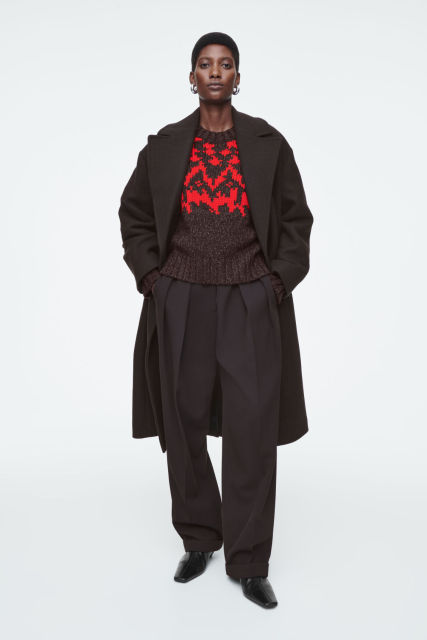 Cusomizable Women's Longline Wool Coat and Fair Isle Sweater Set