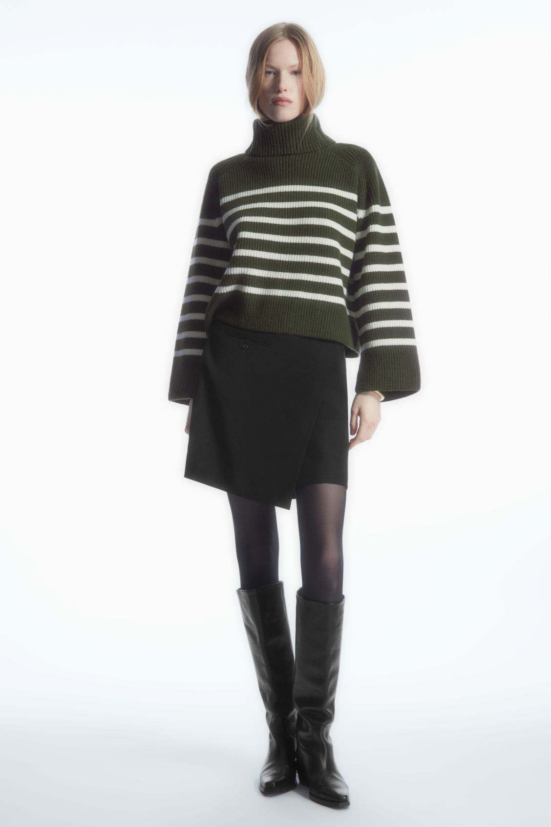 Custom Women's Striped Turtleneck Sweater and Wrap Skirt Ensemble