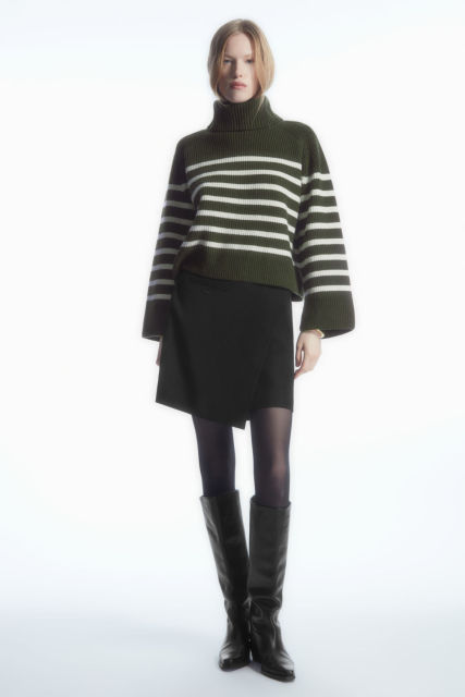 Custom Women's Striped Turtleneck Sweater and Wrap Skirt Ensemble