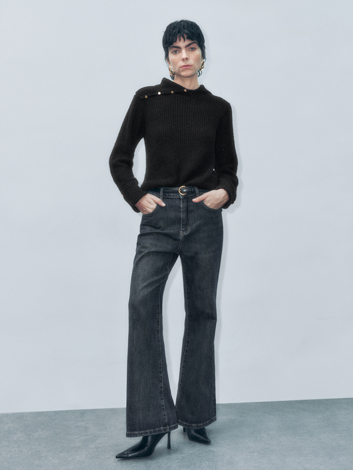 Wholesale Women's Ribbed High-Neck Sweater with Button Detail