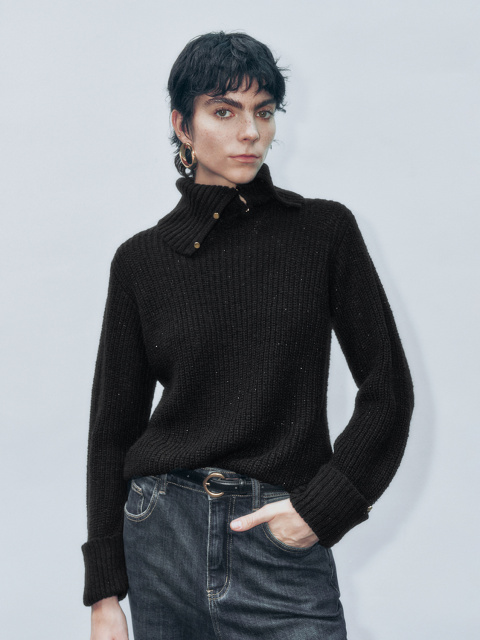 Wholesale Women's Ribbed High-Neck Sweater with Button Detail