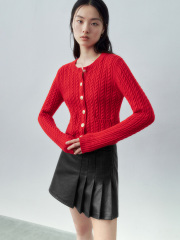 OEM/ODM Women's Red Cable Knit Cardigan with Gold Buttons