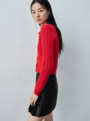 OEM/ODM Women's Red Cable Knit Cardigan with Gold Buttons