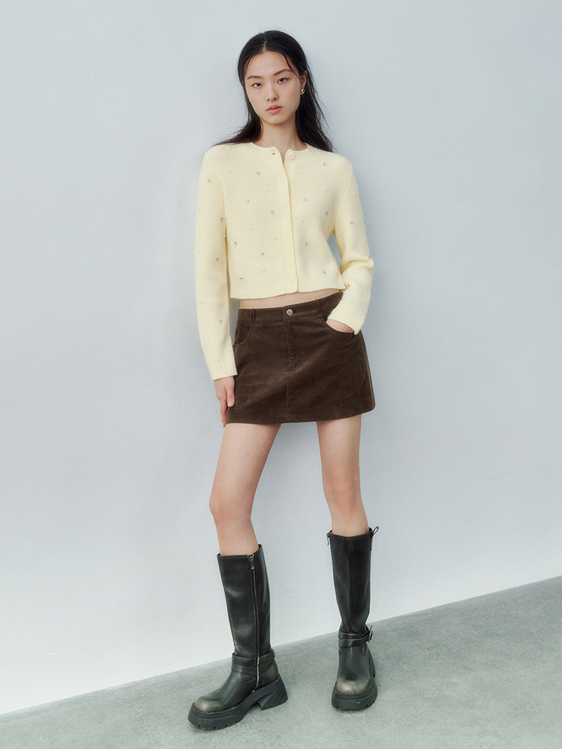 Personalized Women's Pearl-Embellished Yellow Cardigan