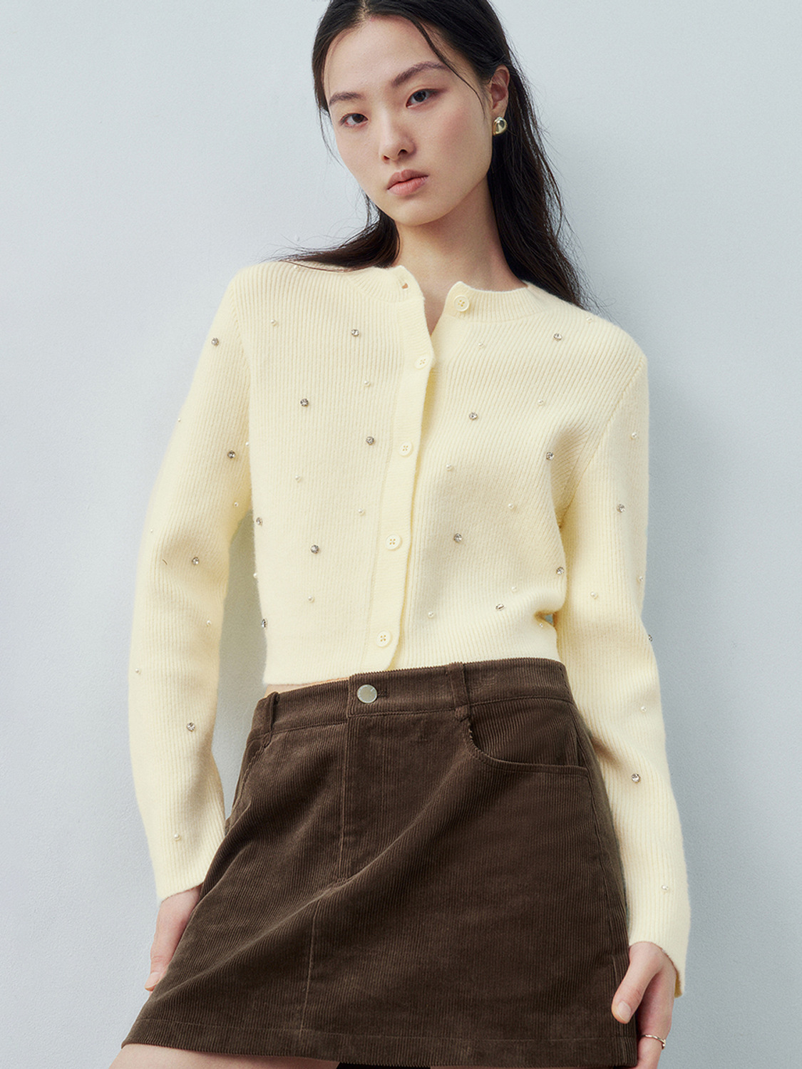 Personalized Women's Pearl-Embellished Yellow Cardigan