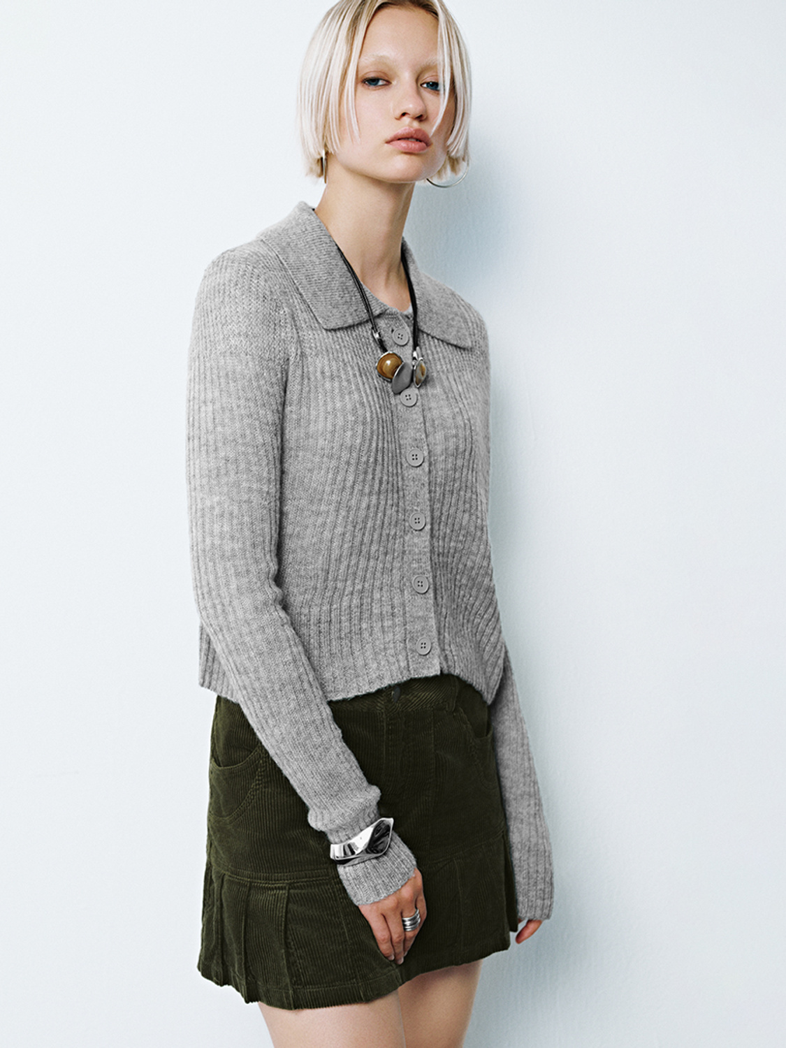 Factory Direct Women's Ribbed Knit Collared Cardigan and Corduroy Mini Skirt