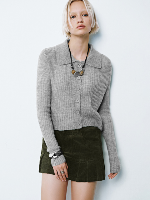 Factory Direct Women's Ribbed Knit Collared Cardigan and Corduroy Mini Skirt