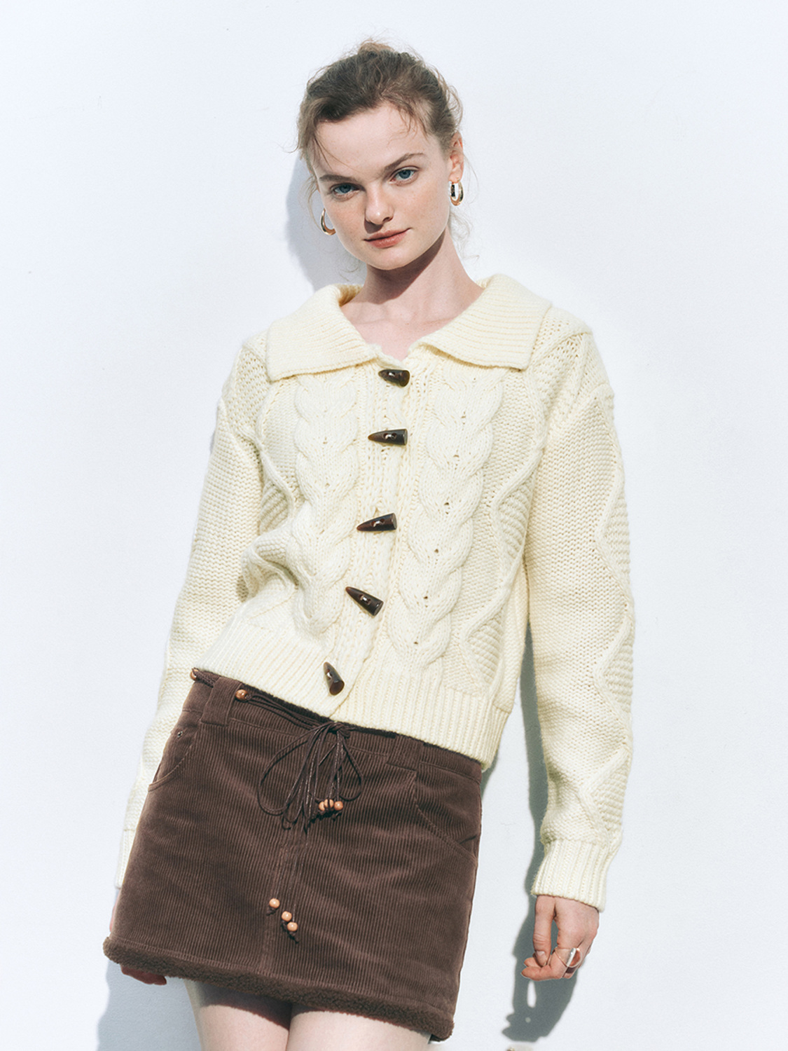 Factory Direct Women's Cable Knit Cardigan with Wooden Toggle Buttons and Corduroy Mini Skirt