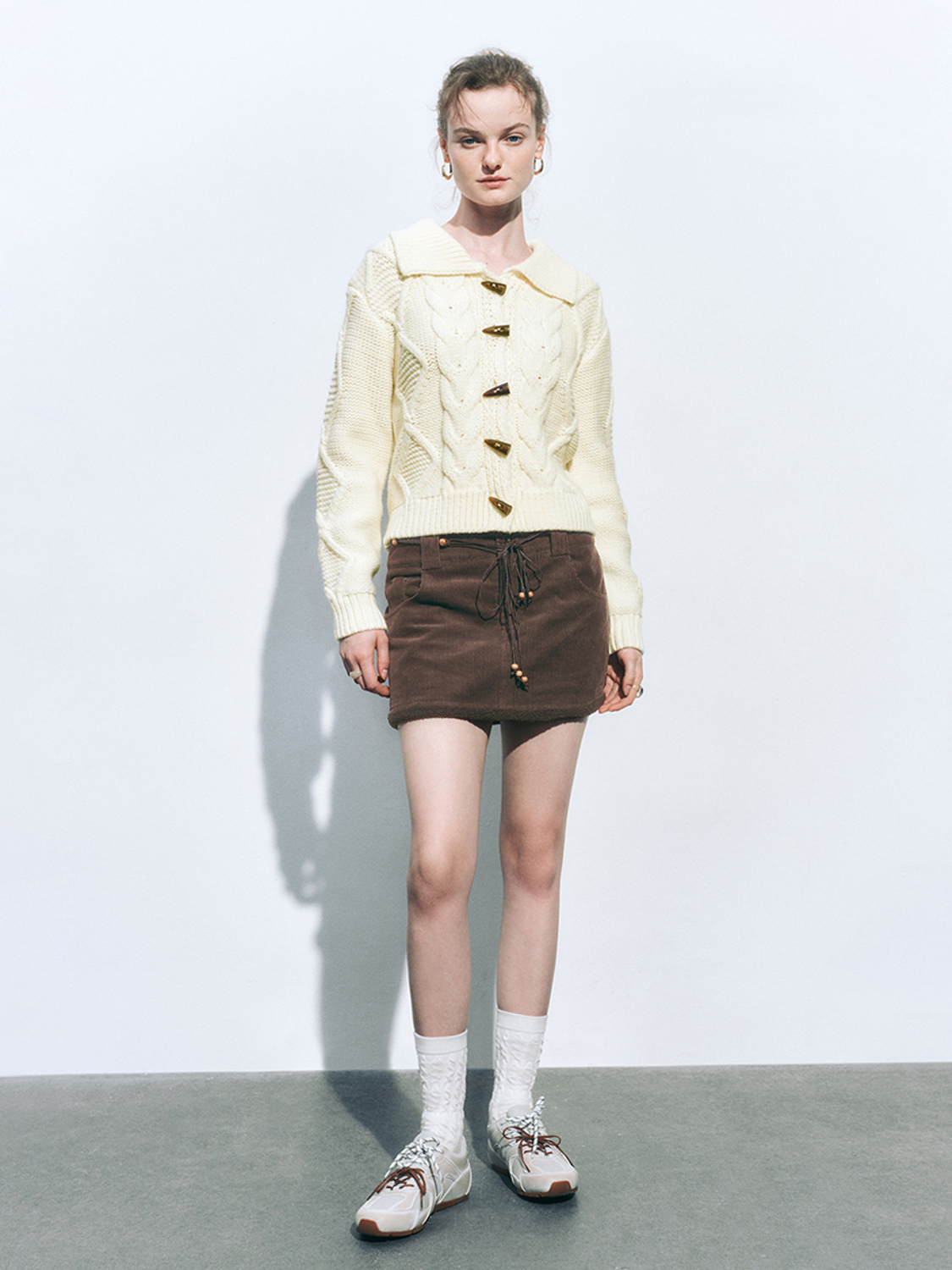 Factory Direct Women's Cable Knit Cardigan with Wooden Toggle Buttons and Corduroy Mini Skirt