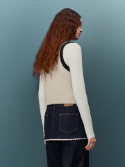 Personalized Women's Penguin Pattern Knit Vest with Denim Layered Mini-Skirt