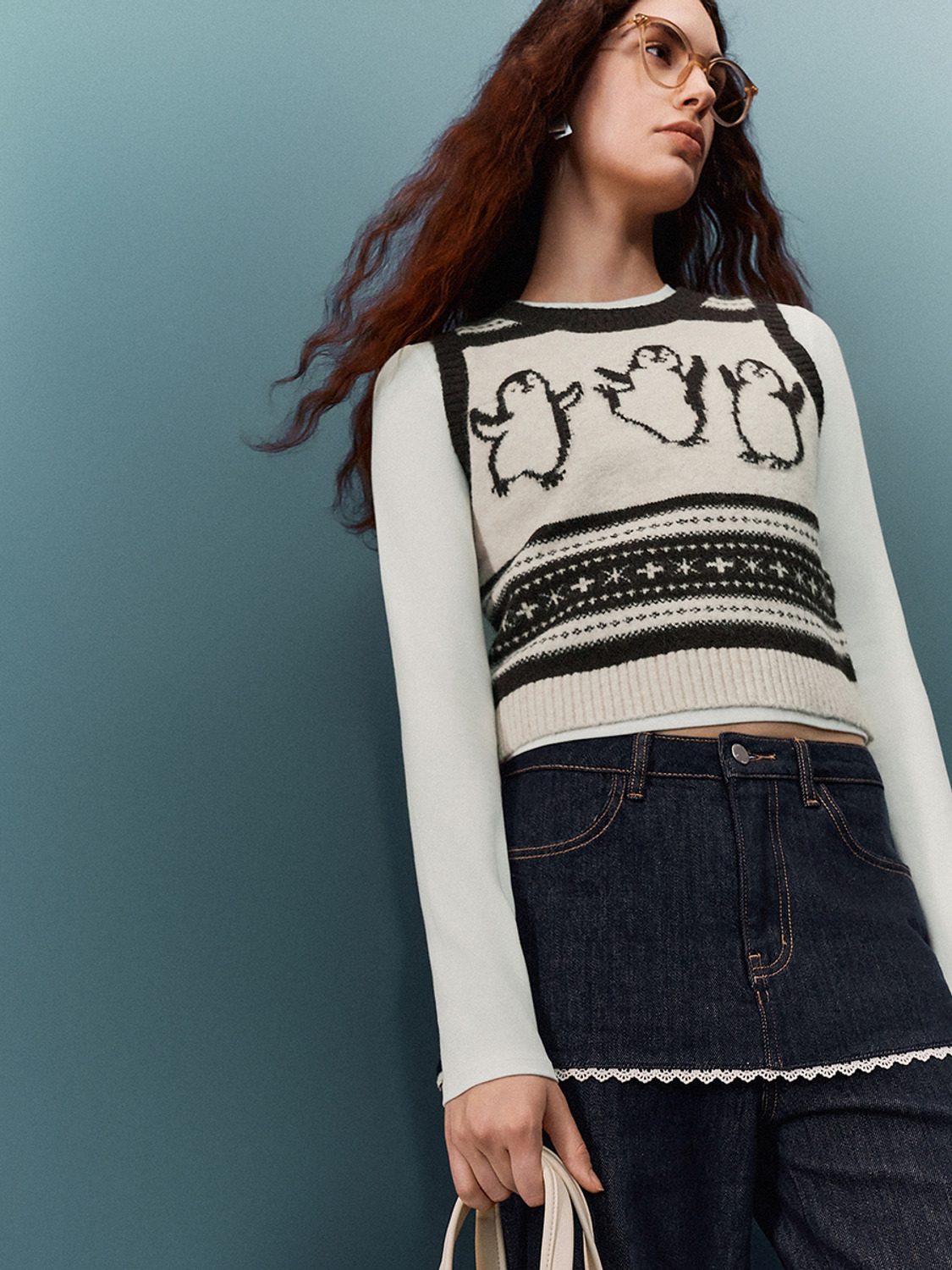 Personalized Women's Penguin Pattern Knit Vest with Denim Layered Mini-Skirt