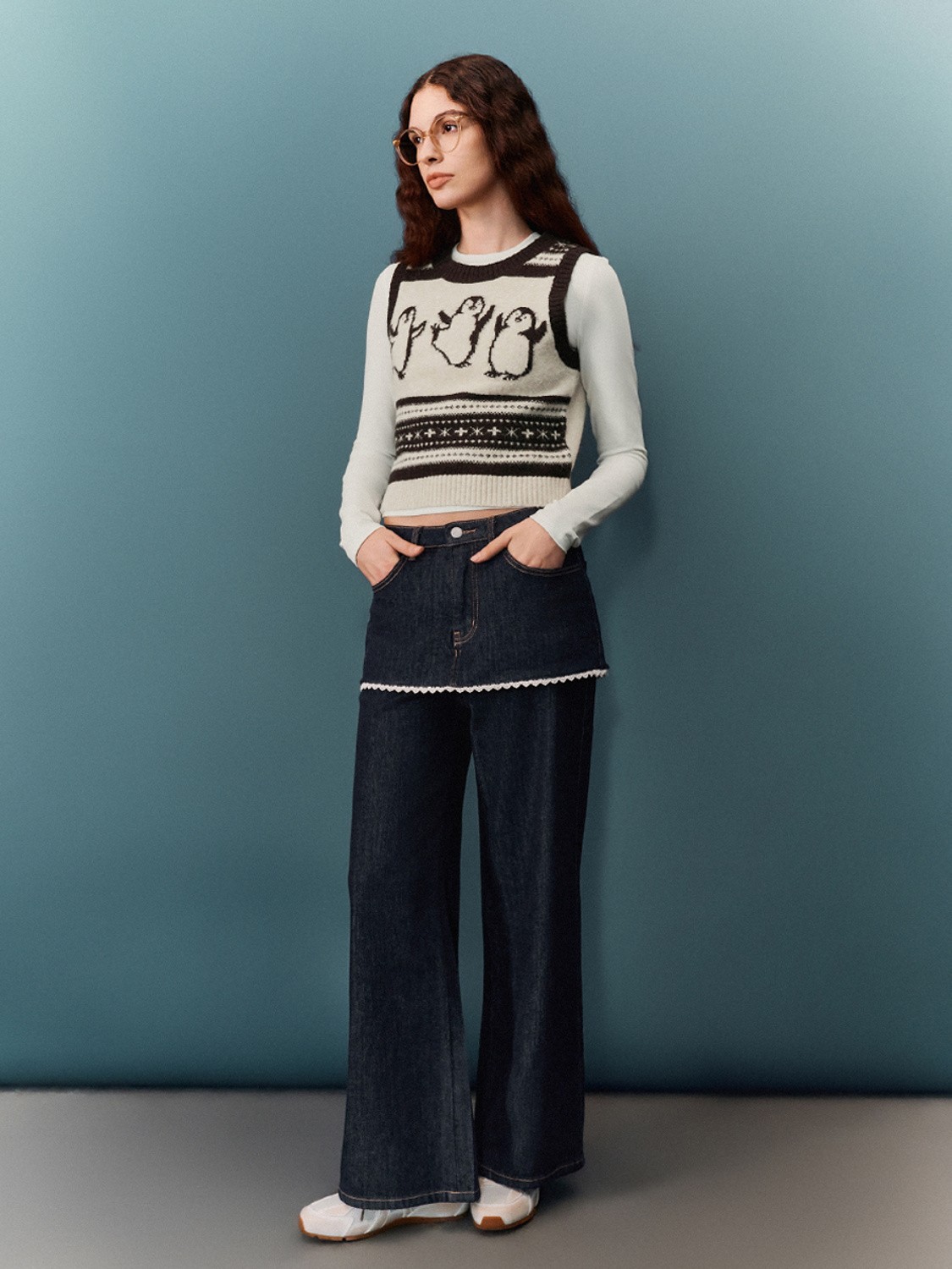 Personalized Women's Penguin Pattern Knit Vest with Denim Layered Mini-Skirt
