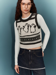 Personalized Women's Penguin Pattern Knit Vest with Denim Layered Mini-Skirt