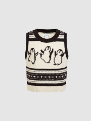 Personalized Women's Penguin Pattern Knit Vest with Denim Layered Mini-Skirt