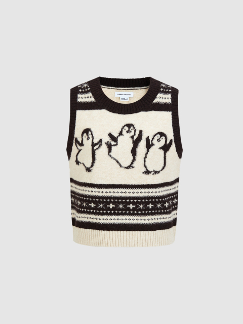 Personalized Women's Penguin Pattern Knit Vest with Denim Layered Mini-Skirt