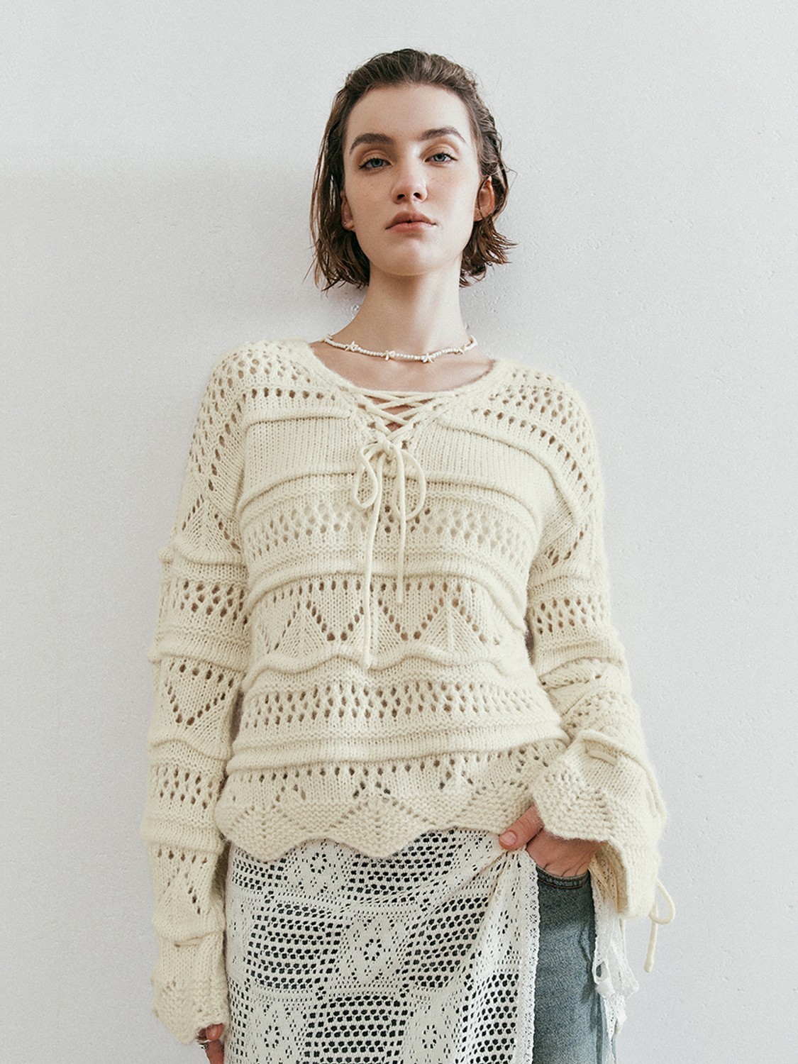 OEM Available Women's Bohemian Lace-Up Crochet Knit Sweater