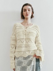 OEM Available Women's Bohemian Lace-Up Crochet Knit Sweater