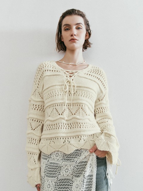 OEM Available Women's Bohemian Lace-Up Crochet Knit Sweater