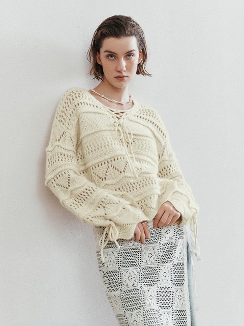 OEM Available Women's Bohemian Lace-Up Crochet Knit Sweater