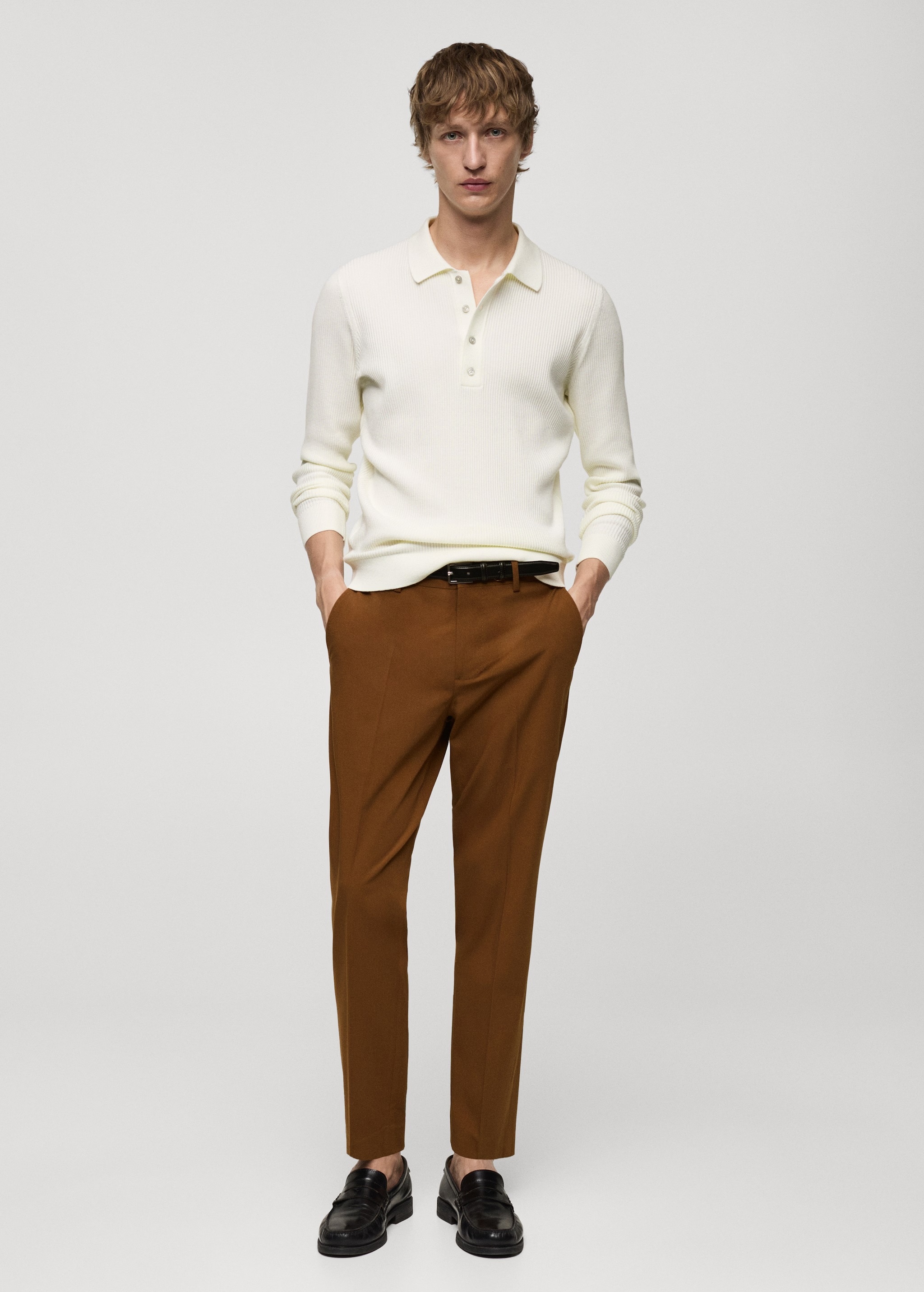 OEM Men's Ribbed Long-Sleeve Polo Sweater in Off-White