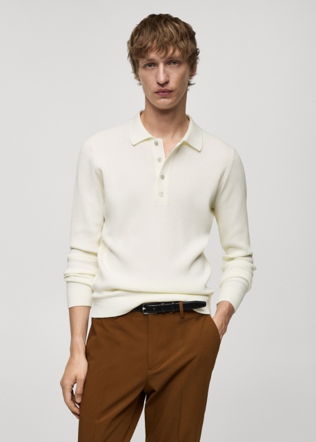 OEM Men's Ribbed Long-Sleeve Polo Sweater in Off-White