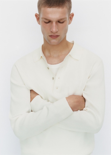 OEM Men's Ribbed Long-Sleeve Polo Sweater in Off-White