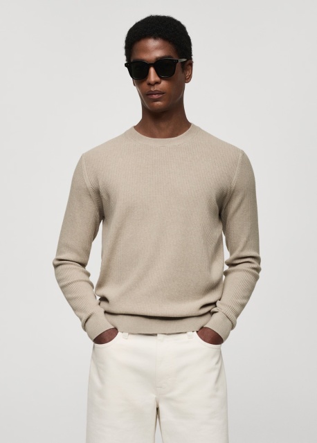 ODM Men's Beige Ribbed Knit Sweater