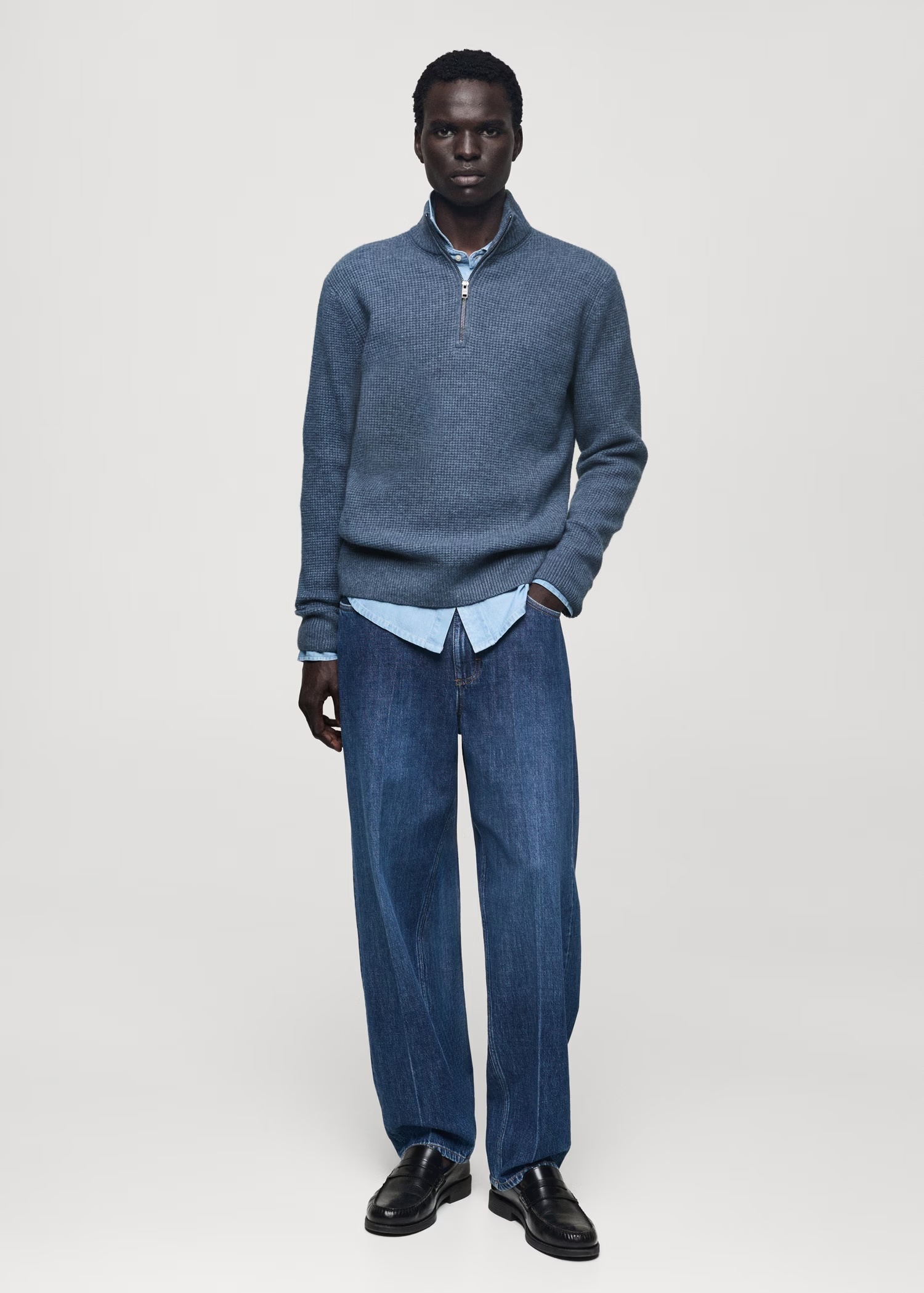 Custom Men's Blue Half-Zip Wool Sweater