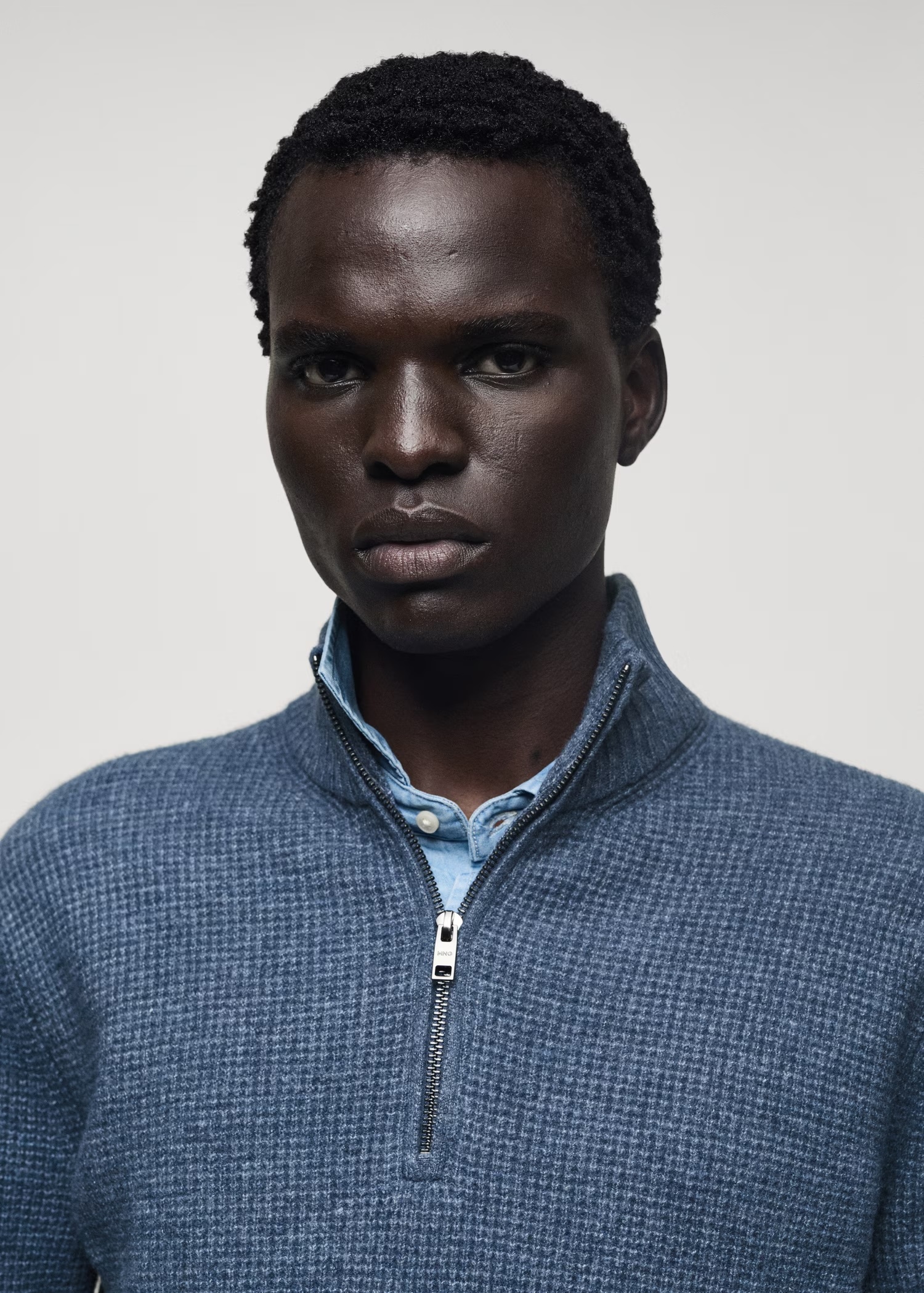 Custom Men's Blue Half-Zip Wool Sweater
