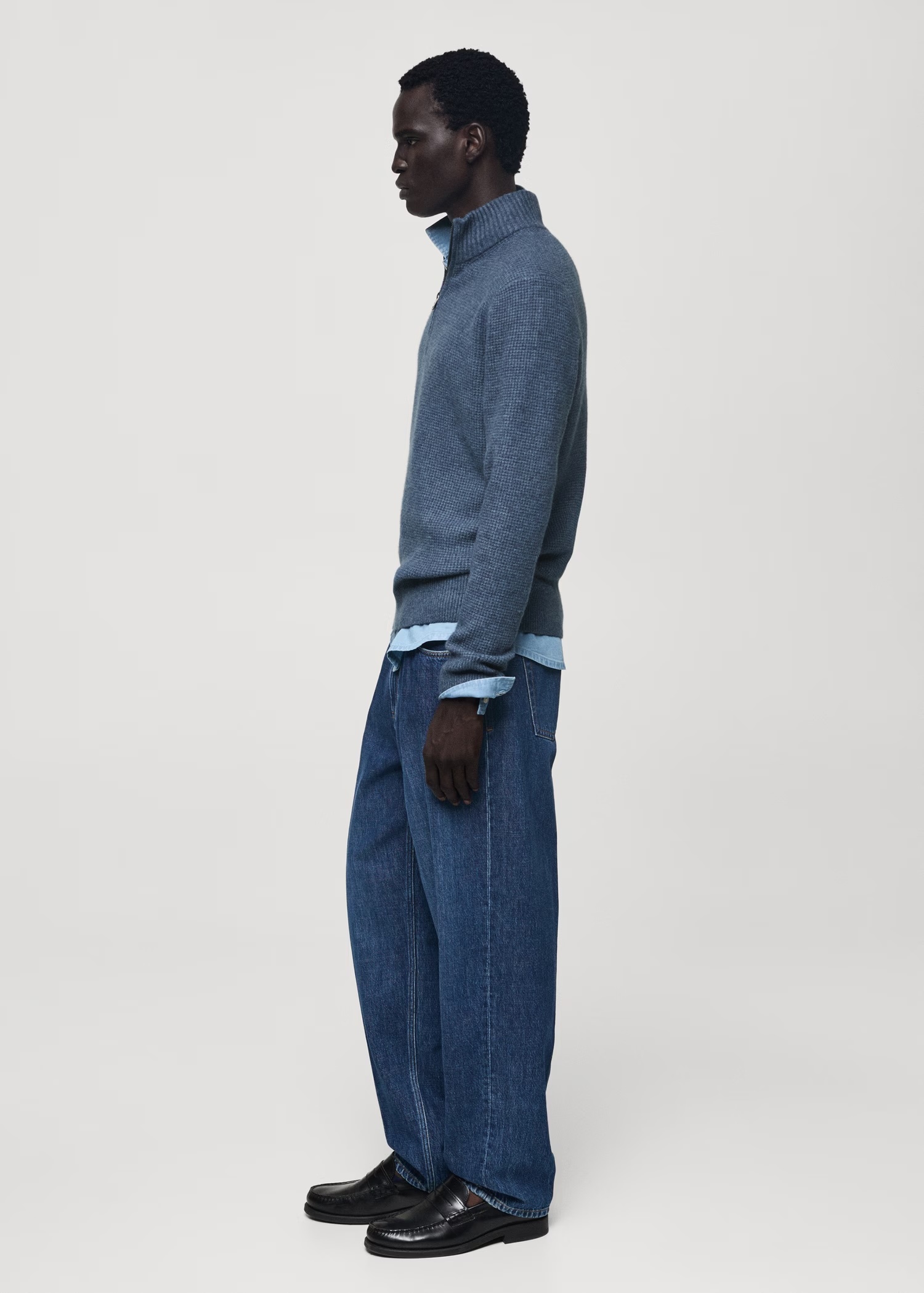Custom Men's Blue Half-Zip Wool Sweater