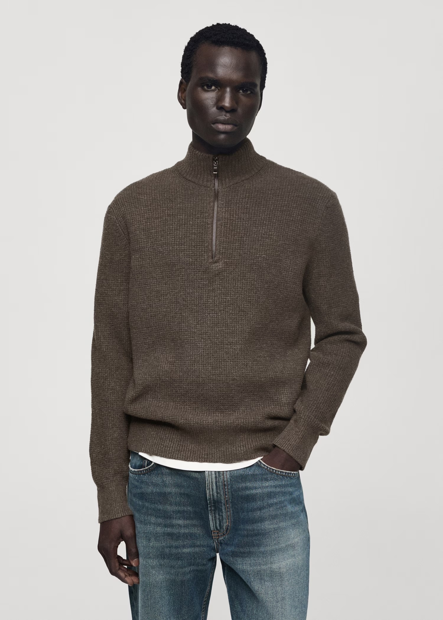 OEM/ODM Customizable Men's Brown Half-Zip Wool-Blend Sweater