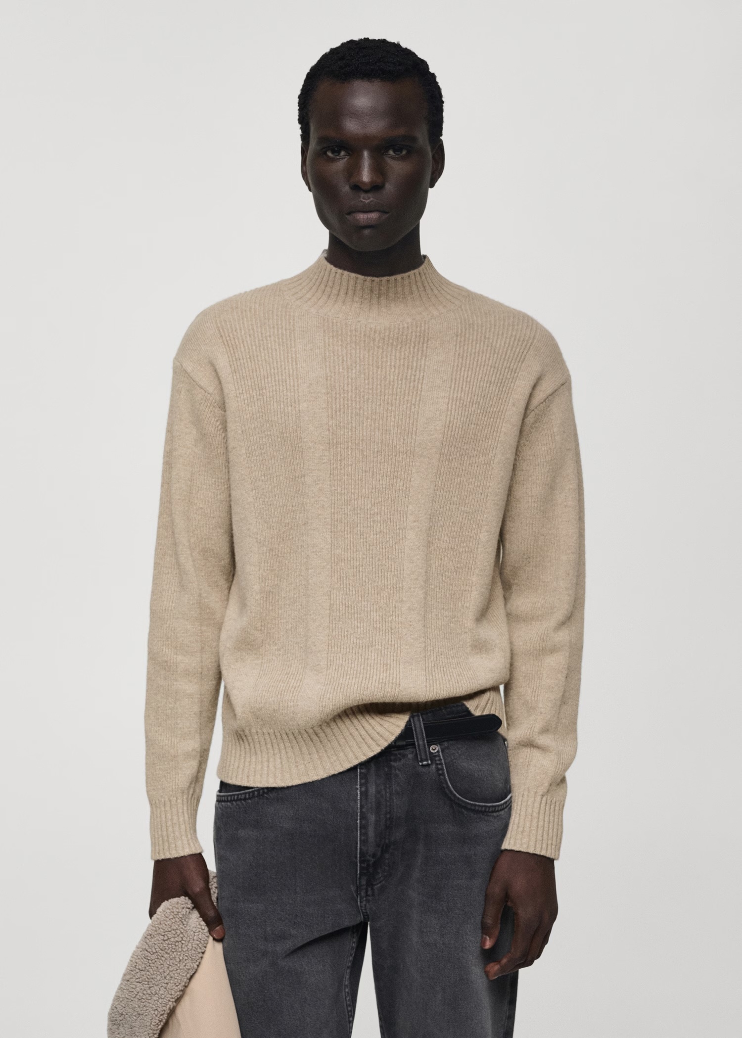 Custom Men's Beige Ribbed Wool Sweater
