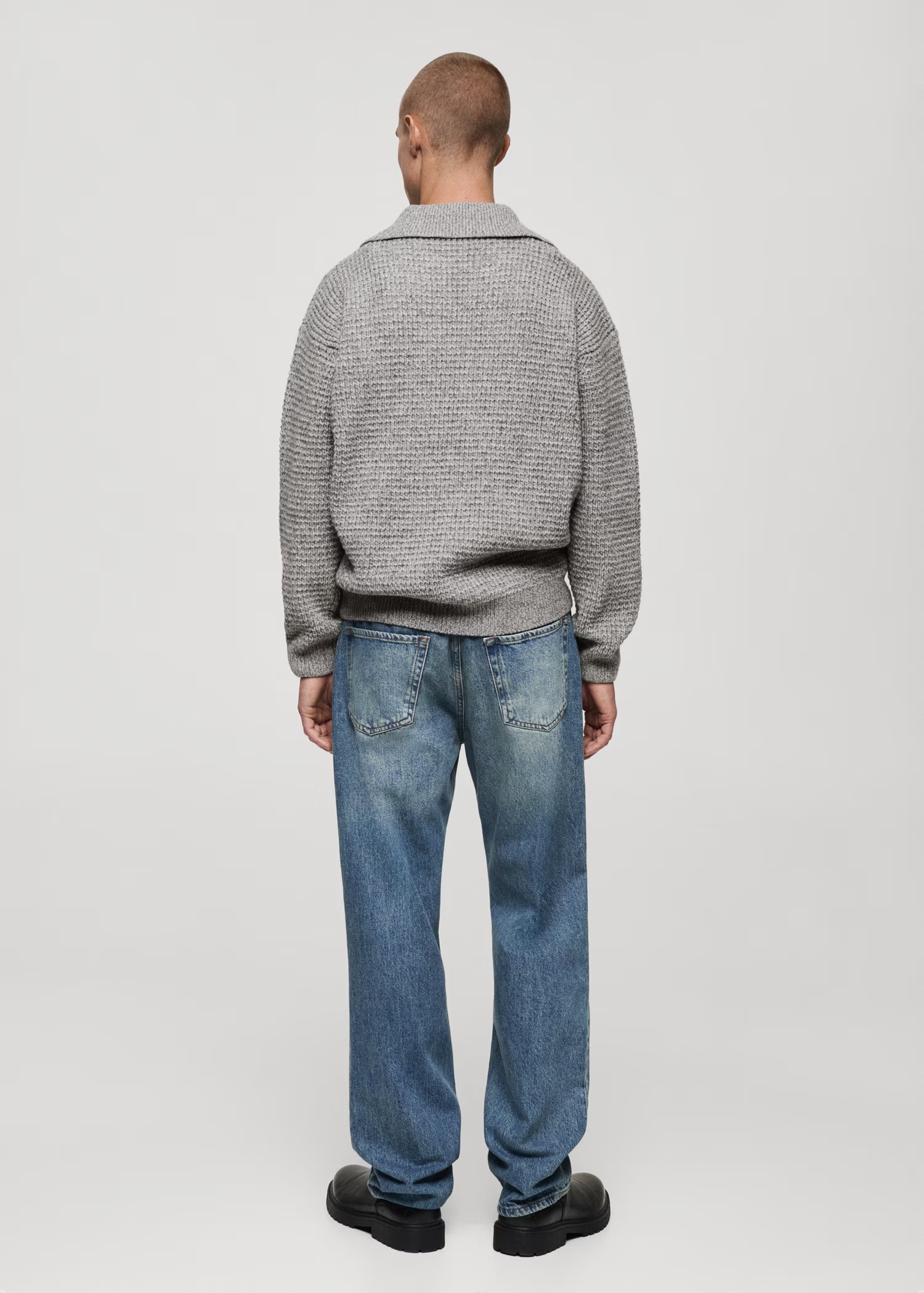 ODM Men's Gray Textured Knit Polo Sweater