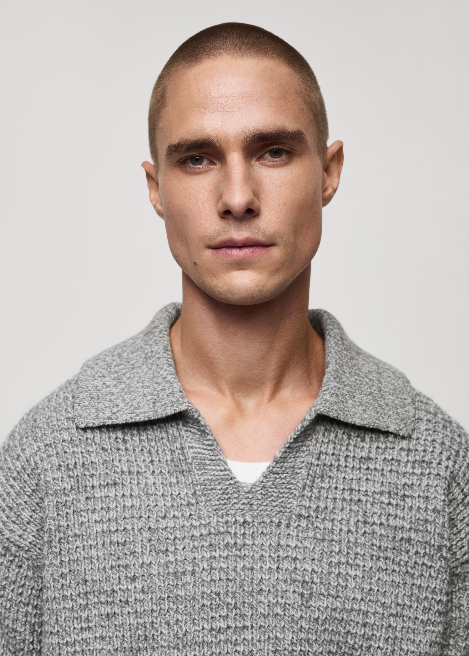 ODM Men's Gray Textured Knit Polo Sweater