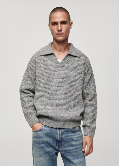 ODM Men's Gray Textured Knit Polo Sweater