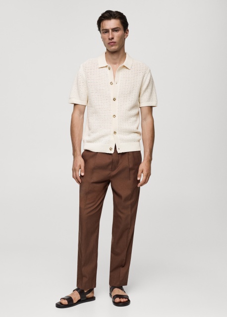 ODM Men's Short-Sleeve Open-Knit Button-Up Shirt in Cream