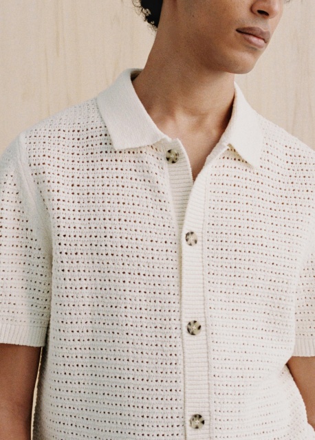 ODM Men's Short-Sleeve Open-Knit Button-Up Shirt in Cream